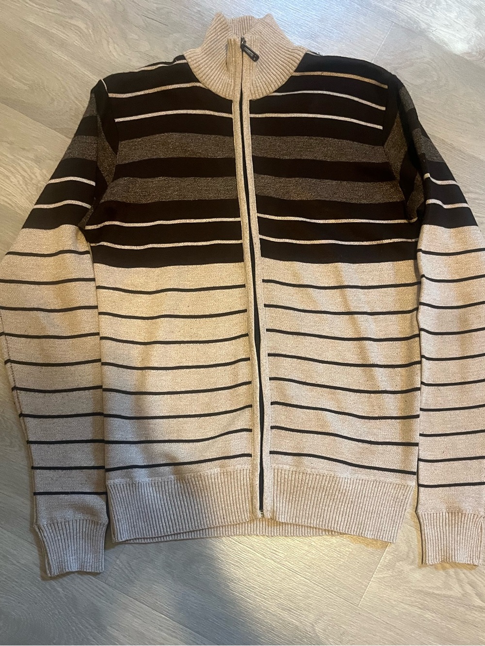 TRUE ROCK Men's Zip-Up Striped Sweater Jacket - Beige and Black
